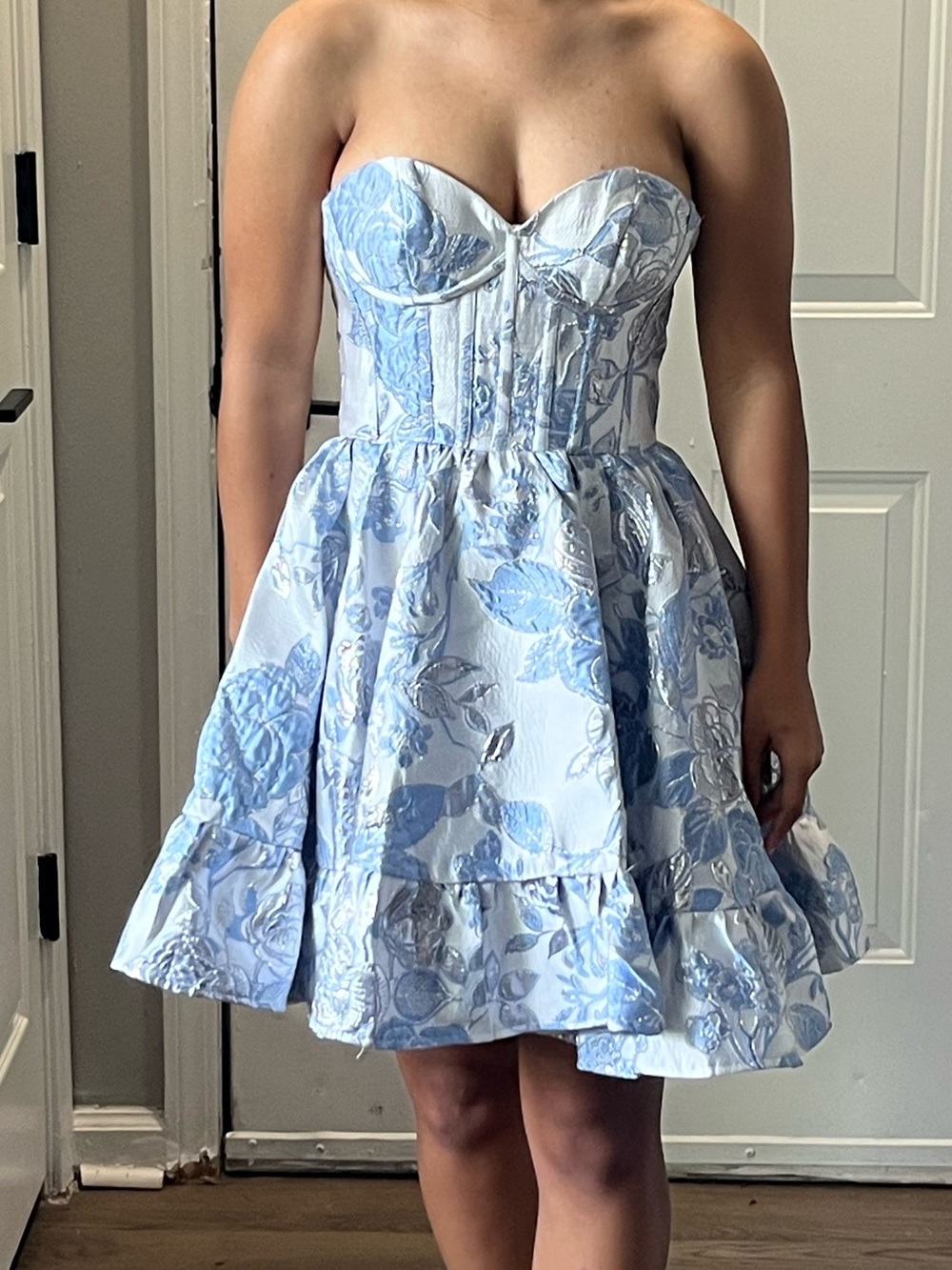 Strapless Blue Floral Jacquard Mini Dress